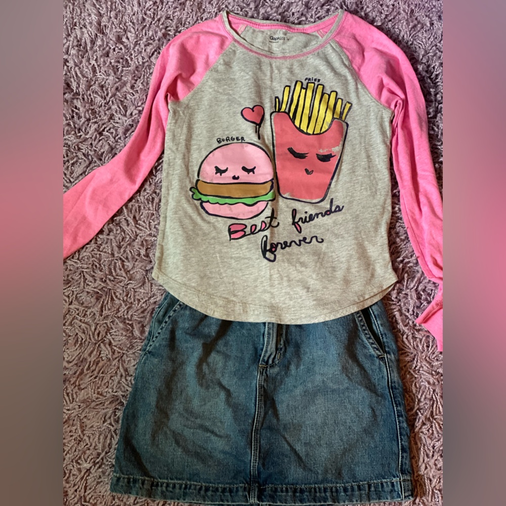 Gap bundle; Pink & Gray Graphic Long Sleeve Top & Denim Skirt 10